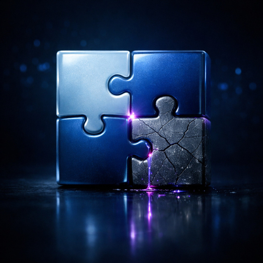 Four puzzle pieces assembled as one — three intact, one cracked and leaking light — representing hidden operational loss from weak digital foundations.